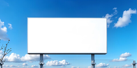Fototapeta premium Blank billboard mockup on blue sky background for new advertisement.