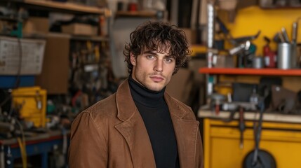 A young man with curly hair in a brown jacket and black turtleneck, standing in a workshop filled with tools and equipment, exuding a thoughtful demeanor.
