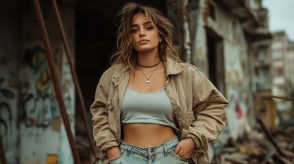 Naklejka premium A confident young woman stands in a graffiti-laden urban setting, wearing a crop top and denim shorts, embodying strength, artistic flair, and urban resilience.