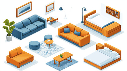 Obraz premium Vector isometric home rooms set. Rooms cross sections. Bedroom, living room, kitchen, home office, dining room. Furniture and decoration. Modern and classic interior flat designs.