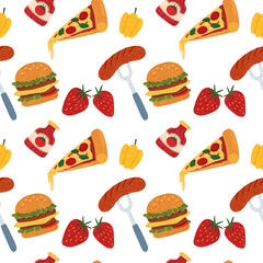 seamless Sliced pizza with burger and bacon pattern
