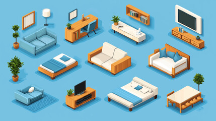 Vector isometric home rooms set. Rooms cross sections. Bedroom, living room, kitchen, home office, dining room. Furniture and decoration. Modern and classic interior flat designs.