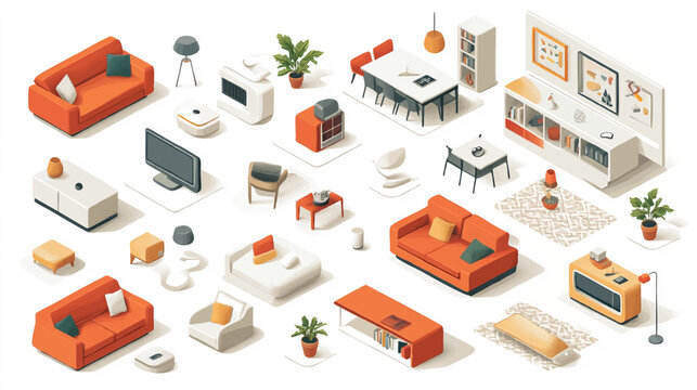 Vector isometric home rooms set. Rooms cross sections. Bedroom, living room, kitchen, home office, dining room. Furniture and decoration. Modern and classic interior flat designs.