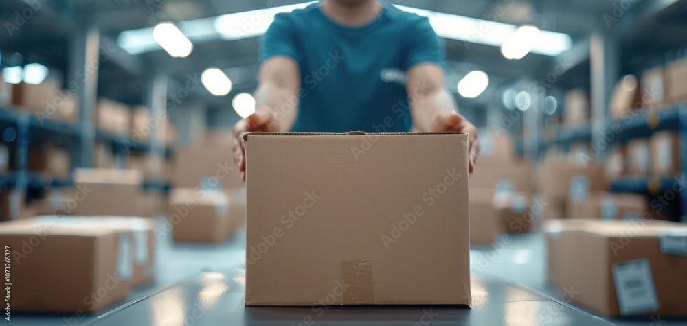 Poster a person is handling a cardboard box in a warehouse full of stacked packages, emphasizing logistics 