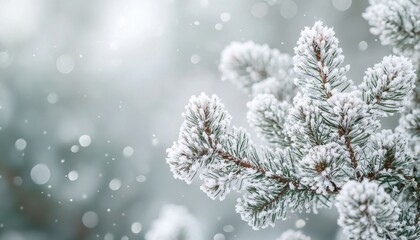 Frosty pine branches glisten in a winter landscape, surrounded by softly falling snowflakes, creating a serene and magical scene.