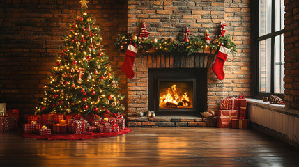 Fototapeta premium Christmas living room with fireplace, cozily decorated with a Christmas tree and gifts.