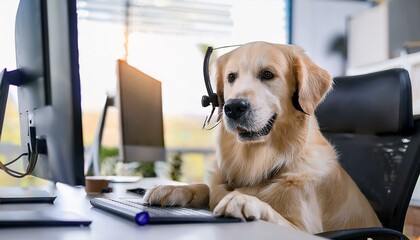 Dog customer service agent at a call center desk. Cute golden retriever puppy in a headset