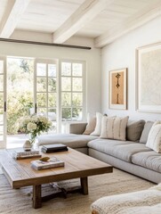 A Modern Living Room with a Sectional Sofa, Wooden Coffee Table, and Natural Light