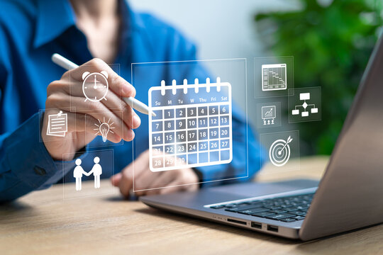 Time management, Agenda for Business Planning Calendar concept, Businesswomen mark Calendar, Plan schedules organized time management at work, Meeting, Workflow, Essential dates, Topic work of company