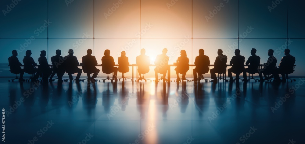 Poster a group of seated individuals facing a bright light source, suggesting an atmosphere of discussion o