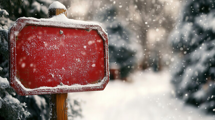 An empty wooden red sign covered in snow against a winter landscape.