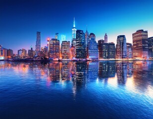 Obraz premium New York City skyline at night with city skyscrapers illuminated by reflection of neon lights