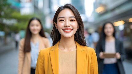 Fototapeta premium Confident young woman smiles brightly in busy urban setting surrounded by friends