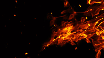 Texture of burn fire with particles embers. Flames on isolated black background. Texture for banner,flyer,card .