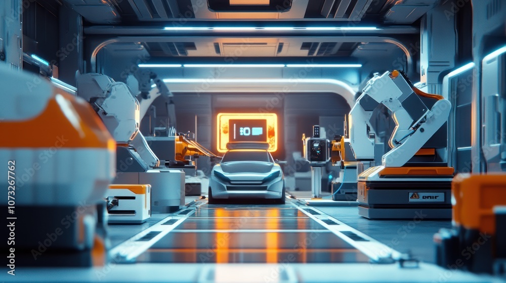 Wall mural panoramic view of a car manufacturing plant showing automated assembly line, high-tech robotics in a