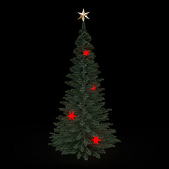 Christmas tree decorated with red stars and golden star topper on black background