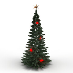 Christmas tree decorated with red stars and golden star topper on black background