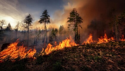 Dramatic Forest Wildfire Raging Through Pine Trees at Sunset with Intense Flames, Thick Smoke Clouds, and Dying Vegetation. Symbol of Environmental Crisis, Climate Change, and Deforestation Impact