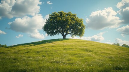 Obraz premium A single tree stands tall on a grassy hill against a backdrop of blue sky and fluffy white clouds.