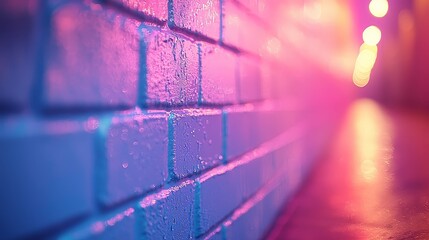 A close-up of a colorful brick wall with blurred lighting effects.