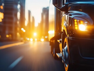 A close-up of a truck on a city road at sunset, with glowing headlights and blurred cityscape in the background.