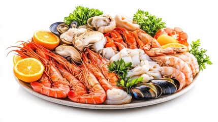 Seafood platter with various shellfish, isolated on white background