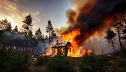 Dramatic Scene of a Cabin Engulfed in Flames in a Dense Forest, Highlighting the Devastation of Wildfires on Isolated Rural Homes at Dusk, with Intense Orange Flames and Dark Smoke Billowing into Sky