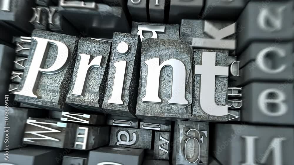 Poster orbiting around a group of typeset letters with the word print a