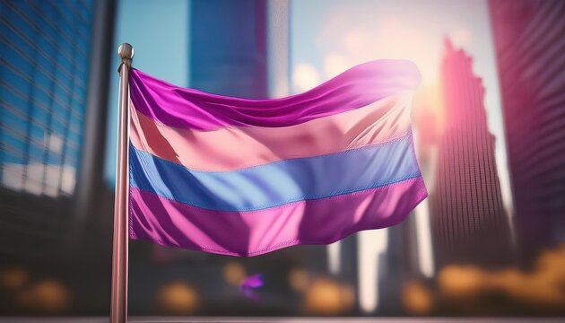 Bisexual Pride Flag Waving in Sunlit Urban Cityscape. Symbol of LGBTQ+ Inclusivity and Visibility in Modern Architecture - Powered by Adobe