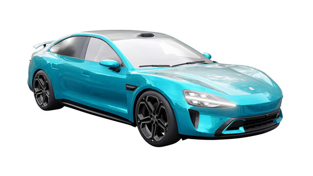 China, Shanghai. November 05, 2024. Xiaomi SU7. Turquoise Chinese high-performance electric car of the new generation on a white background. 3d rendering.