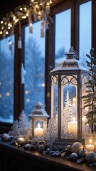Charming winter decor with lanterns and candles on a windowsill surrounded by a snowy landscape

