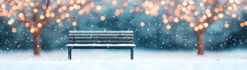 Fototapeta premium A serene winter scene featuring a snow-covered bench amidst softly glowing trees and snowflakes falling gently in a peaceful atmosphere.