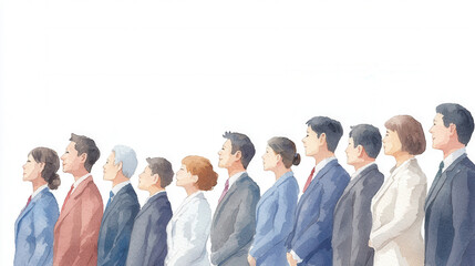 A line of diverse individuals in formal attire, standing side by side against a plain background, conveying unity and professionalism.