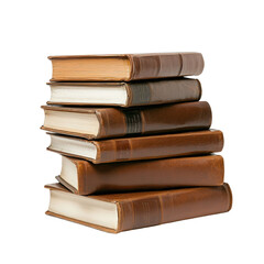 Stack of vintage books on a white background.