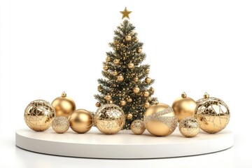 Christmas podium on a white background Christmas tree golden balls  with generative ai