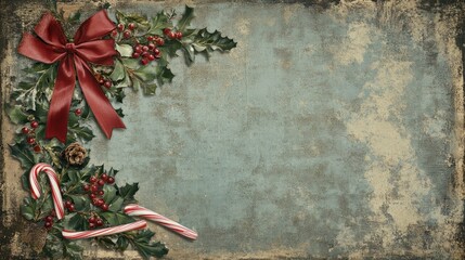 Vintage-style Christmas banner with mistletoe, classic red ribbon, and candy canes on a rustic background