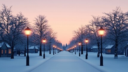 A serene winter street scene featuring snow-covered trees and glowing lamps, leading to a soft, pastel-hued sky at dawn.