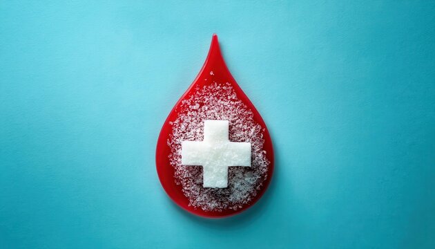 Symbolic Blood Drop Filled with Sugar Cubes on Blue Background. Visual Representation of Diabetes, Blood Glucose Levels, and Health Risks Associated with High Sugar Intake
