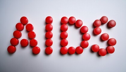 AIDS Awareness Concept. Red Pills Arranged in 'AIDS' Text on White Background Representing Medical Treatment and Symbolizing Support in Fight Against HIV.AIDS Epidemiс