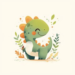 Obraz premium Adorable Cartoon Dinosaur in Nature Scene with Greenery