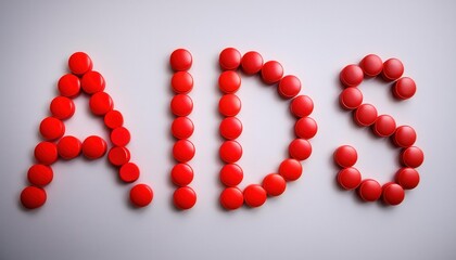 AIDS Awareness Concept. Red Pills Arranged in 'AIDS' Text on White Background Representing Medical Treatment and Symbolizing Support in Fight Against HIV.AIDS Epidemiс