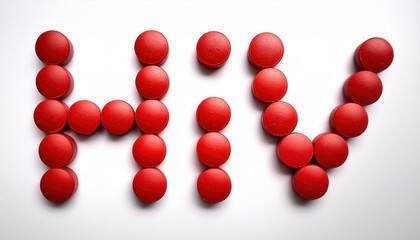 Arrangement of Red Pills Spelling 'HIV' on a White Background. Representing HIV Treatment, Antiviral Medication, and Public Health Awareness Efforts in Combating HIV AIDS