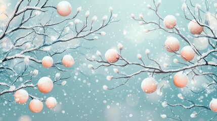 Wintery branches with soft snow and shimmering Christmas ornaments on a light background