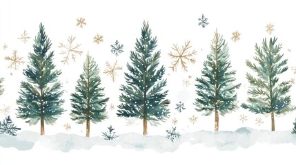 Obraz premium Winter forest scene with snowflakes and fir trees, softly blending into a white background