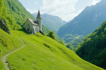 A Serene Medieval Village Nestled in Lush Valleys Beneath Majestic Mountains and a Charming Castle