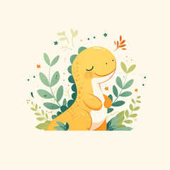 Cute Dinosaur Surrounded by Lush Greenery and Flowers in Pastel Colors