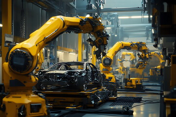 Yellow robotic arms in a car production line