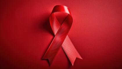 Red Ribbon Symbol of HIV AIDS Awareness, Support, and Global Solidarity on Textured Background, Representing Health Campaigns, Compassion, and Advocacy for Disease Prevention and Public Health