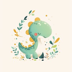 Obraz premium Whimsical Dino Artwork. Cute Green Dinosaur Among Leaves.