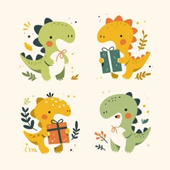 Naklejka premium Cute Dinosaur Characters with Festive, Colorful Gifts and Leaves